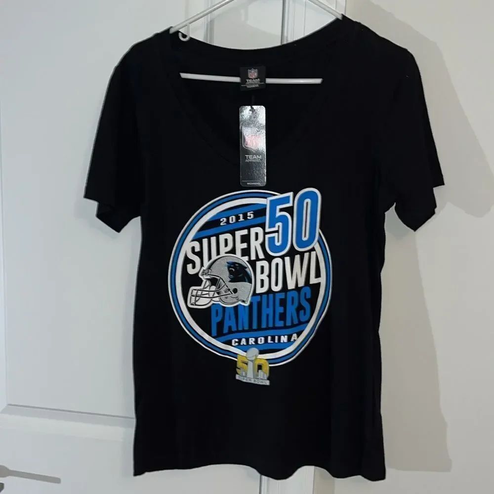 New NFL Brand Women’s Logo Carolina Panthers Jersey shirt Super Bowl T Shirt L